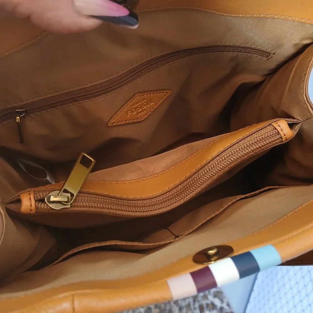 Fossil Tan Satchel with Striped Accent